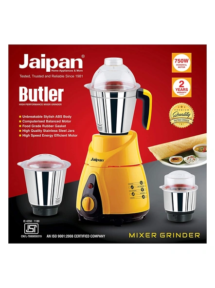 Jaipan JBU-05 750-Watts Buttler Mixer Grinder (Yellow/Black)-5
