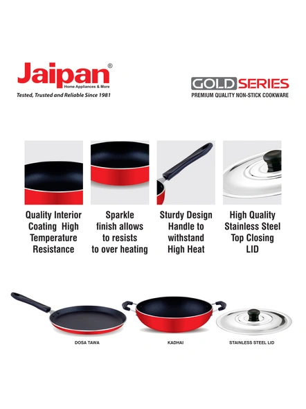 Jaipan Gold Series 3pcs Non-stick Gift Set Dosa Tawa, kadhai &amp; Lid-3