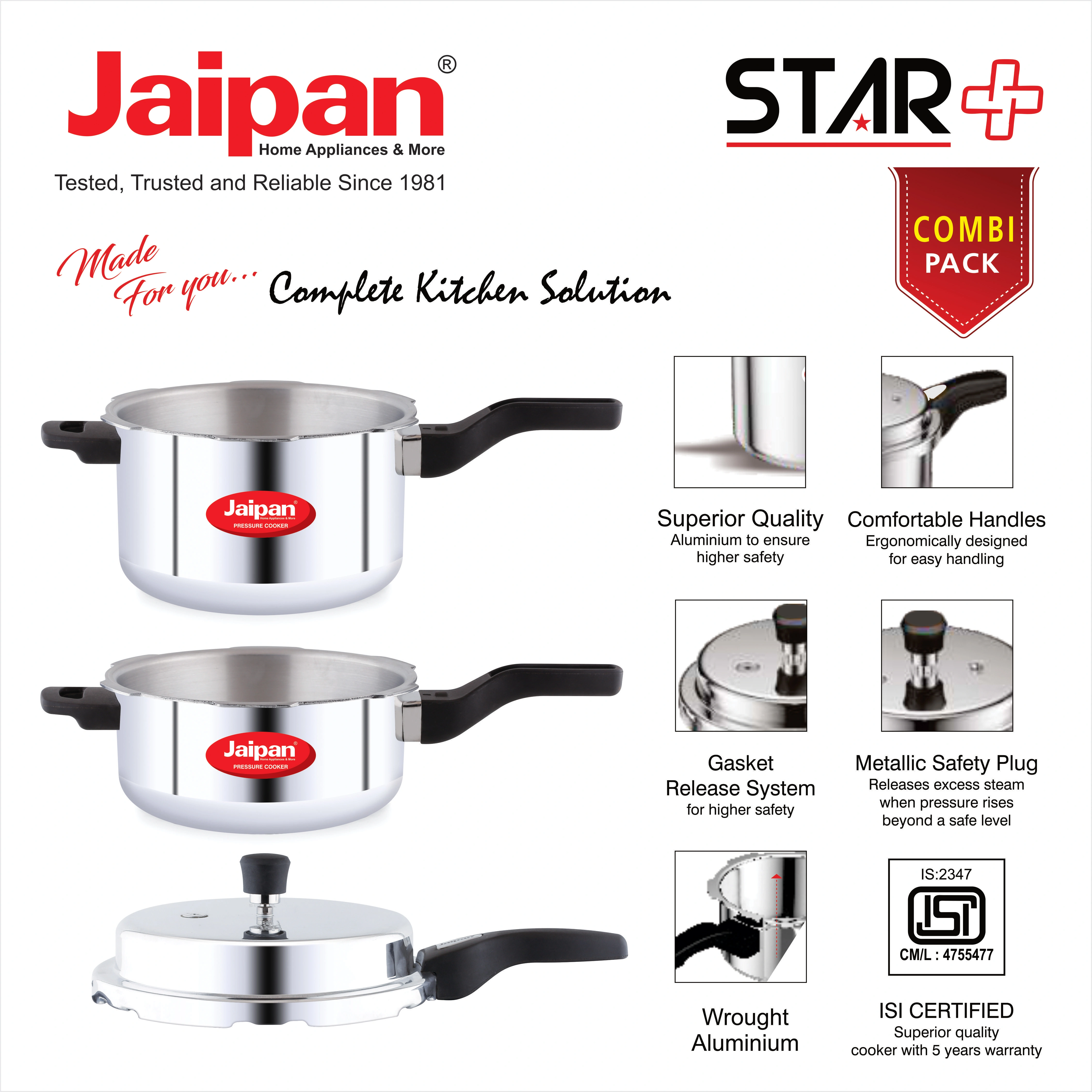 Jaipan Star + Combi Pack 5.5 Ltr Pressure Cooker + 3.5 Ltr Pressure Pan with Common Lid-2