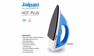 Jaipan Hot-Plus 1000 Watt Dry Iron | Teflon Coated Soleplate | 360° Swivel Cord | Designer Dry Iron | 12 Months Manufacturer Warranty | Blue & White Colour