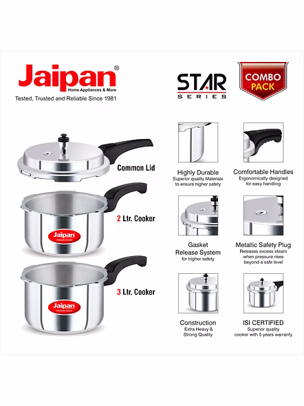 Jaipan Star Combi Pressure Cooker  Pack 2 Ltr + 3 Ltr with Common Lid-3