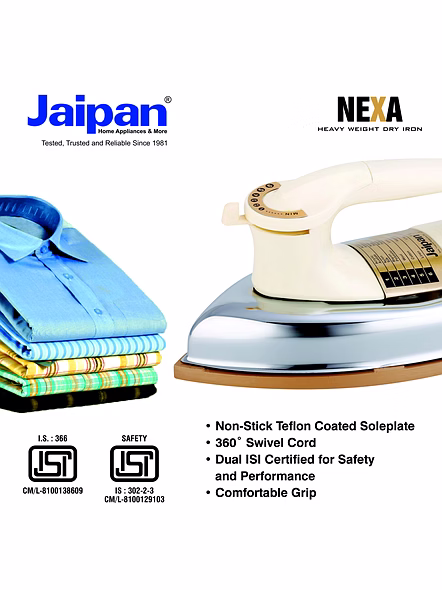 Jaipan Nexa 1000 Watt Heavy Weight Dry Iron | 1.65 Kg | Golden Sole Plate | Temperature Control Knob | 2 Years Manufacturer Warranty | Ivory &amp; Gold Colour-1