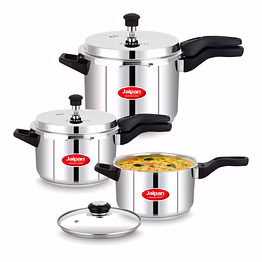 jaipan steelx combo 2ltr, 3ltr, 5ltr, stainless steel ( 5ltr with lid, 2 & 3 ltr common lid with glass lid) pressure cooker