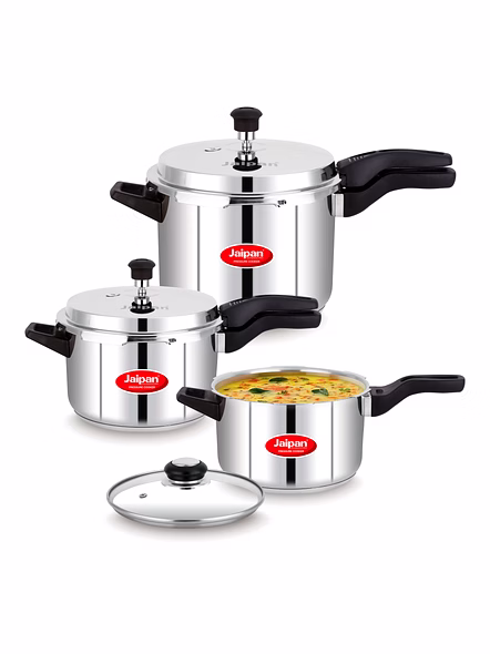 Jaipan Steelx Combo 2ltr, 3ltr, 5ltr, Stainless Steel ( 5ltr with Lid, 2 &amp; 3 ltr common lid with Glass Lid)   pressure cooker-JPSXCP03