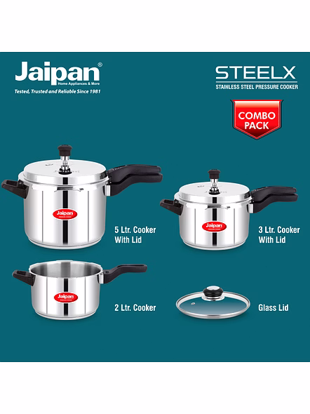 Jaipan Steelx Combo 2ltr, 3ltr, 5ltr, Stainless Steel ( 5ltr with Lid, 2 &amp; 3 ltr common lid with Glass Lid)   pressure cooker-2