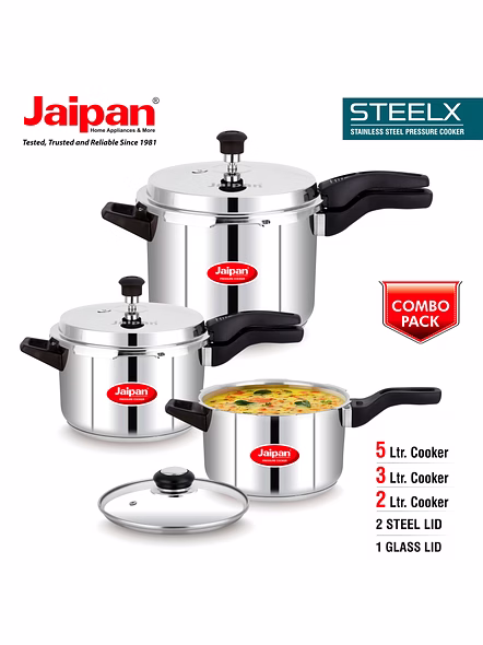 Jaipan Steelx Combo 2ltr, 3ltr, 5ltr, Stainless Steel ( 5ltr with Lid, 2 &amp; 3 ltr common lid with Glass Lid)   pressure cooker-1