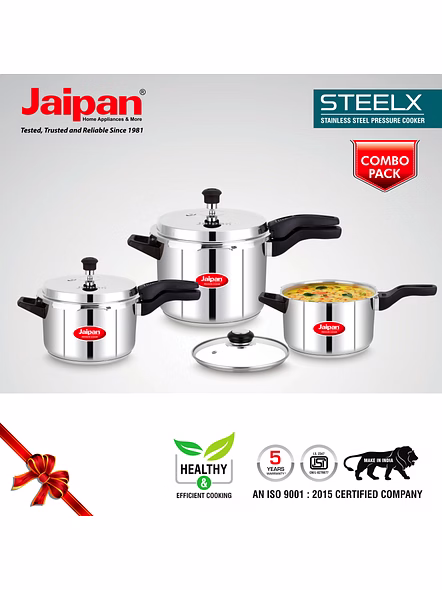 Jaipan Steelx Combo 2ltr, 3ltr, 5ltr, Stainless Steel ( 5ltr with Lid, 2 &amp; 3 ltr common lid with Glass Lid)   pressure cooker-3
