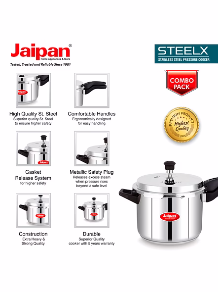 Jaipan Steelx Combo 2ltr, 3ltr, 5ltr, Stainless Steel ( 5ltr with Lid, 2 &amp; 3 ltr common lid with Glass Lid)   pressure cooker