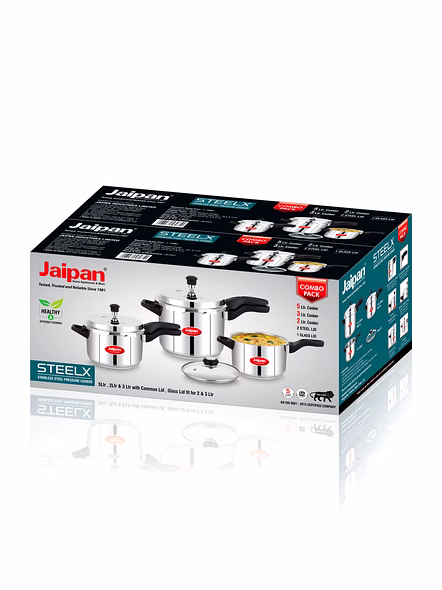 Jaipan Steelx Combo 2ltr, 3ltr, 5ltr, Stainless Steel ( 5ltr with Lid, 2 & 3 ltr common lid with Glass Lid)   pressure cooker