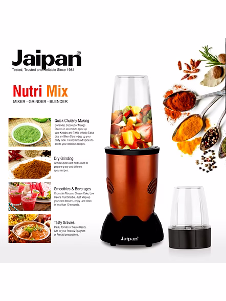 Jaipan Nutri Pro Max Juicer Mixer Blender | Smoothie Juices MilkShake Blender | 450 Watts | 2  Jars with additional dispenser lids | Compact Design | 1 Year Warranty-3