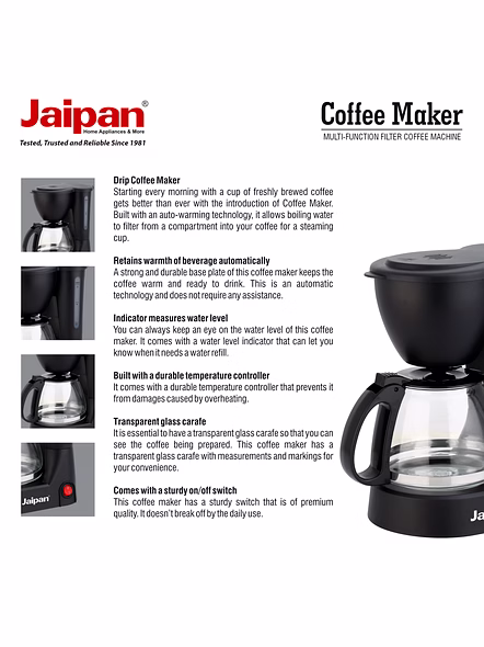 Jaipan Coffee Machine for Home &amp; Office | 600W | 6 Cups at a Time | Anti-Drip System | Borosilicate Glass Carafe | Compact Design | 1-Year Warranty-4