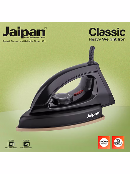 Jaipan Classic Heavy Weight Iron | 1.65 Kg |1000 Watt | Non-Stick Soleplate | 360° Swivel Cord | Aerodynamic Design | 12 Months Warranty | Black Colour-3