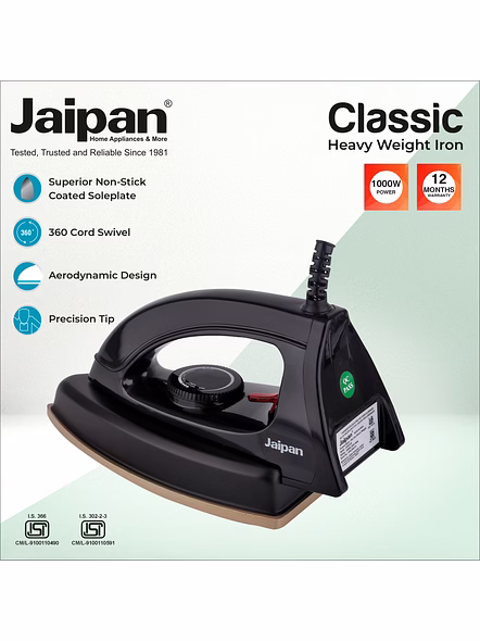 Jaipan Classic Heavy Weight Iron | 1.65 Kg |1000 Watt | Non-Stick Soleplate | 360° Swivel Cord | Aerodynamic Design | 12 Months Warranty | Black Colour-1