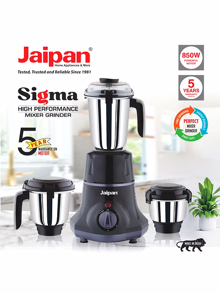 Jaipan Sigma 850 Watts Mixer Grinder | 3 Stainless Steel Jars | ABS Body | Heavy Duty Motor | 5 Years Manufacturer's Warranty | Grey Colour-2