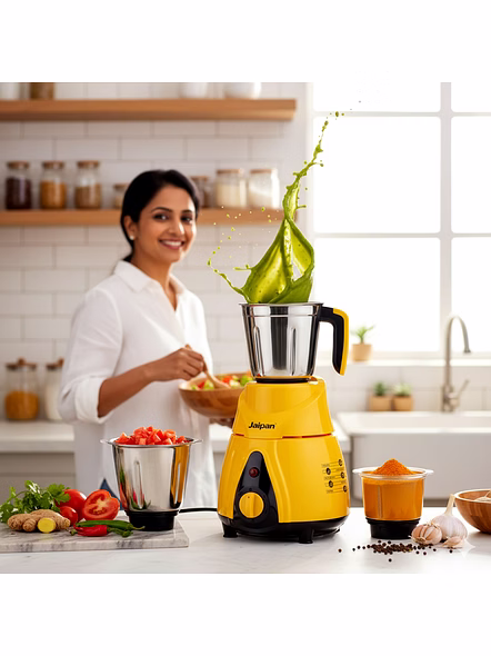 Jaipan Butler Mixer Grinder 850 watt | 3 Stainless Steel Jars &amp; blades |  Turbo TRQ Professional series Motor | superfast grinding &amp; blending | 2 years Warranty | Bright Yellow and Black Colour-6