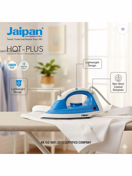Jaipan Hot-Plus 1000 Watt Dry Iron | Teflon Coated Soleplate | 360° Swivel Cord | Designer Dry Iron | 12 Months Manufacturer Warranty | Blue &amp; White Colour-6