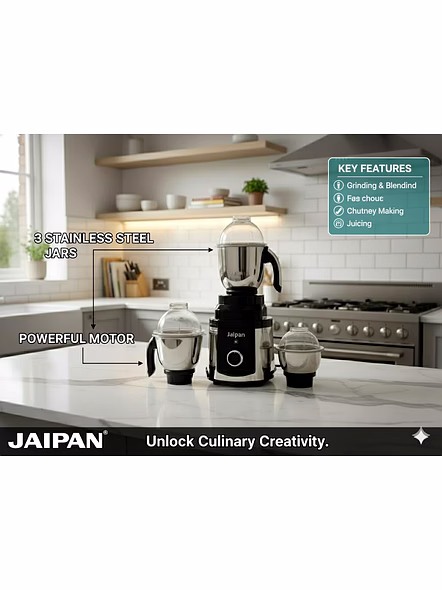 Jaipan Sonet Mixer Grinder | 1100 Watt | 3 Stainless Steel Jars | Heavy Duty Motor  | ABS Body | 2 Years Warranty | Steel Black Colour-2