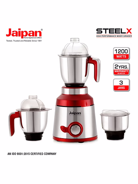 Jaipan SteelX Mixer Grinder | 1200 Watt | 3 Stainless Steel Jars | Polycarbonate Lids | Heavy-Duty Motor | 2 Years Warranty | Silver &amp; Red Colour-2