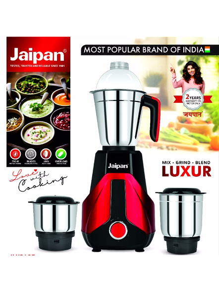 Jaipan Luxur Mixer Grinder 750 Watt | 3 Stainless Steel Jars | ABS Body | Overload Protection | 2 Years Warranty | Mix - Grind - Blend | Red and Black Colour