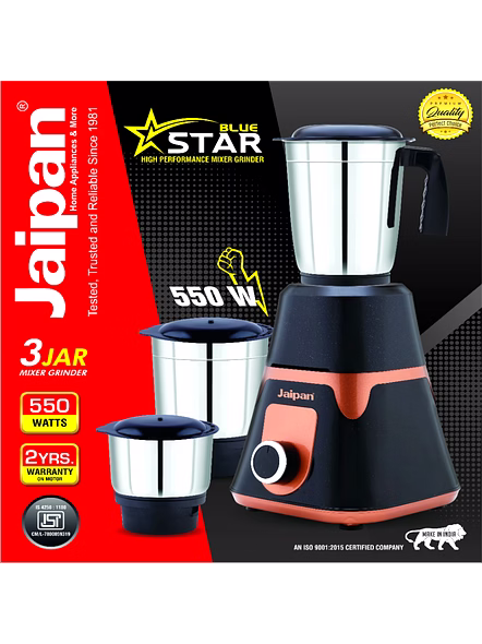 Jaipan Blue Star Mixer Grinder 550 Watt | 3 Jars | High Performance Motor | Stainless Steel Jars | ABS Shock Proof Body | Heavy Duty Motor | 2 Years Warranty | Dark Grey &amp; Copper Colour