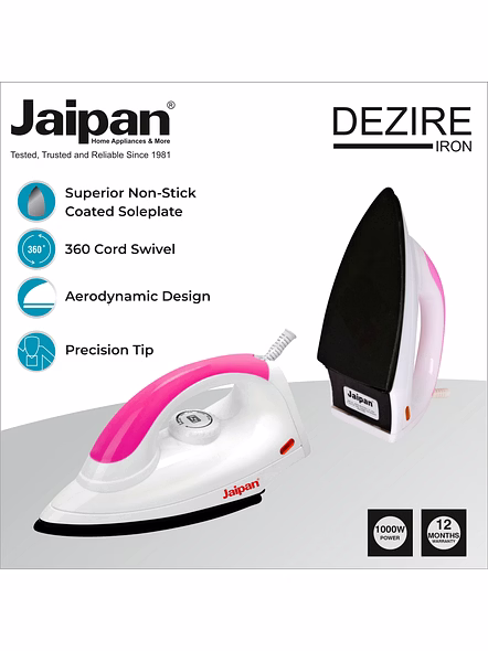 Jaipan Dezire 1000 Watt Dry Iron | Non-Stick Sole Plate | Pilot Indicator | Energy Saving | 2 Years Manufacturer Warranty | White &amp; Maroon Colour-2