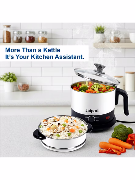 Jaipan Multi Functional Fusion Electric Kettle | Stainless Steel Body | Steamer + Kettle |1.5 Litre Capacity | 600 Watts | 1 Year Warranty | Silver &amp; Black Colour-3