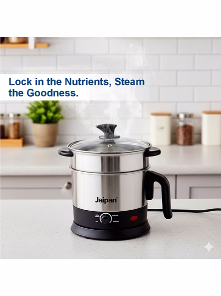 Jaipan Multi Functional Fusion Electric Kettle | Stainless Steel Body | Steamer + Kettle |1.5 Litre Capacity | 600 Watts | 1 Year Warranty | Silver &amp; Black Colour-2