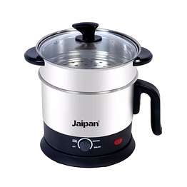 jaipan multi functional fusion electric kettle | stainless steel body | steamer + kettle |1.5 litre capacity | 600 watts | 1 year warranty | silver & black colour