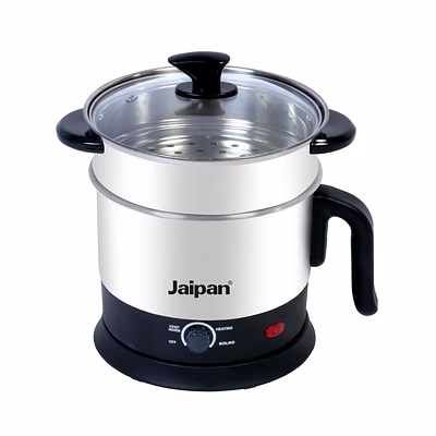 jaipan multi functional fusion electric kettle | stainless steel body | steamer + kettle |1.5 litre capacity | 600 watts | 1 year warranty | silver & black colour
