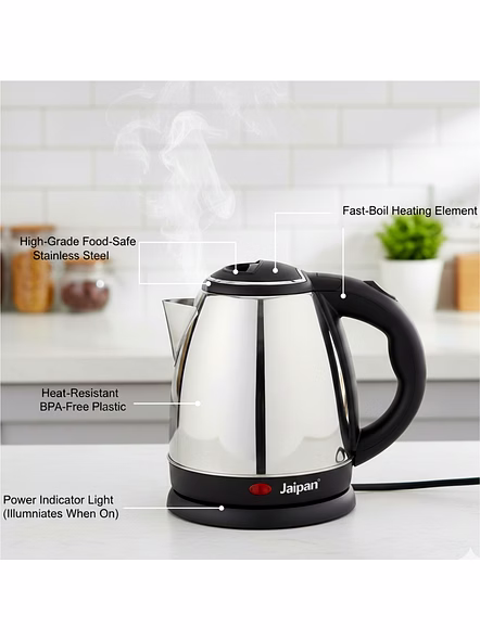 Jaipan Electric Kettle | 1.5 Litre Capacity | Auto Shut-Off | Stainless Steel Body | 1500 Watts | Silver &amp; Black Colour | 1 year warranty-1
