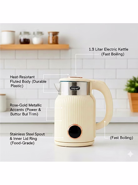 Jaipan Cool Touch Electric Kettle | 1500 Watts | 1.8 Litre Capacity | Cool Touch Body | Auto Shut-Off | 1 Year Warranty | Cream Colour