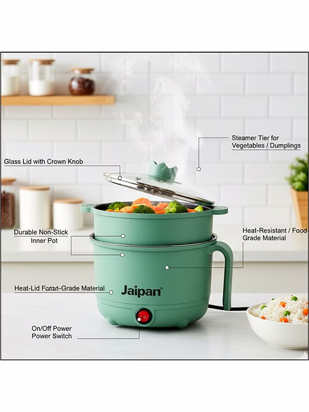 Jaipan PC Multi Kettle with Steamer &amp; Egg Attachment | 600 Watts | 1.5 Litre Capacity | Single Switch Operation | 1 Year Warranty | Mint Green Colour