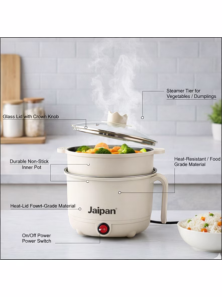 Jaipan PC Multi Kettle with Steamer &amp; Egg Attachment | 600 Watts | 1.5 Litre Capacity | Single Switch Operation | 1 Year Warranty | Off White Colour