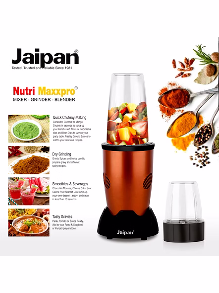 Jaipan Nutri Pro Max Juicer Mixer Blender | Smoothie Juices MilkShake Blender | 450 Watts | 2  Jars with additional dispenser lids | Compact Design | 1 Year Warranty