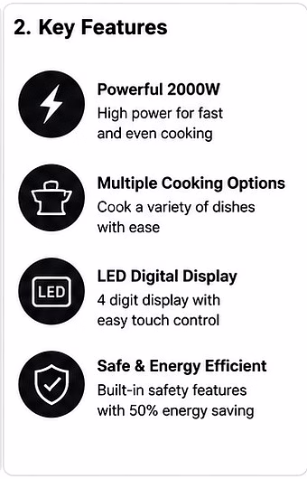 Jaipan JIC-1220 Induction Cooktop 2000 Watts with Black Crystal Glass Top | 7 Preset Cooking Modes | Digital Display | Energy Efficient Induction Cooker | Touch Button Control | Black image 6