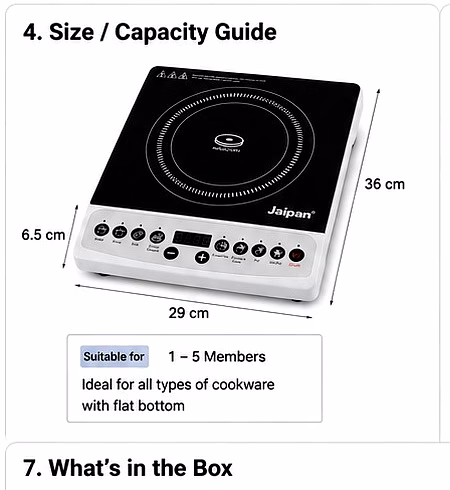 Jaipan JIC-1220 Induction Cooktop 2000 Watts with Black Crystal Glass Top | 7 Preset Cooking Modes | Digital Display | Energy Efficient Induction Cooker | Touch Button Control | Black image 3