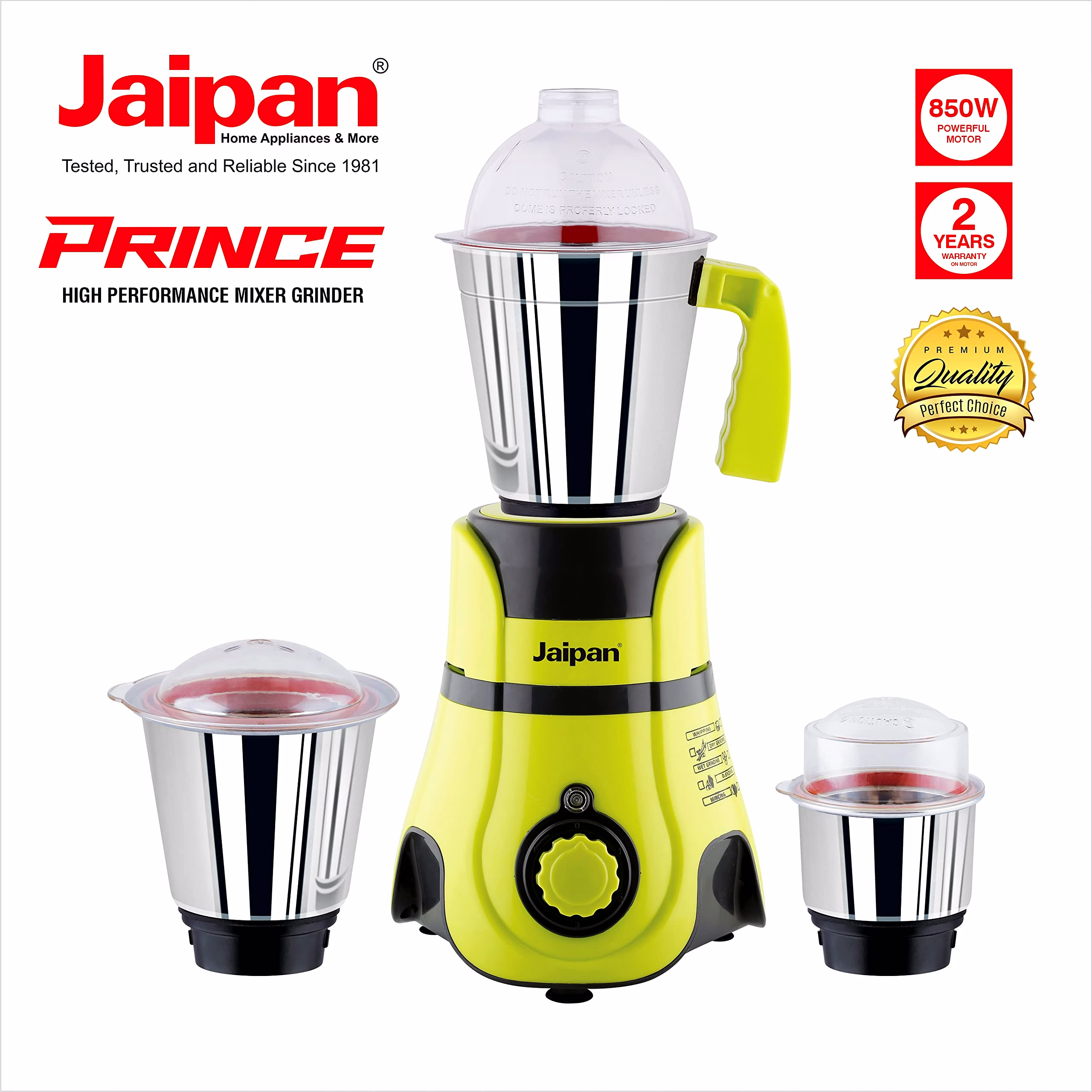 Jaipan Prince 850 Watts Mixer Grinder with 3 SS Jars (1.20L liquidizing, 0.70L multi-purpose, 0.40L chutney) For Heavy Duty Grinding | Virgin ABS Body | 2 Years Warranty (Bright Green and Black) image 2