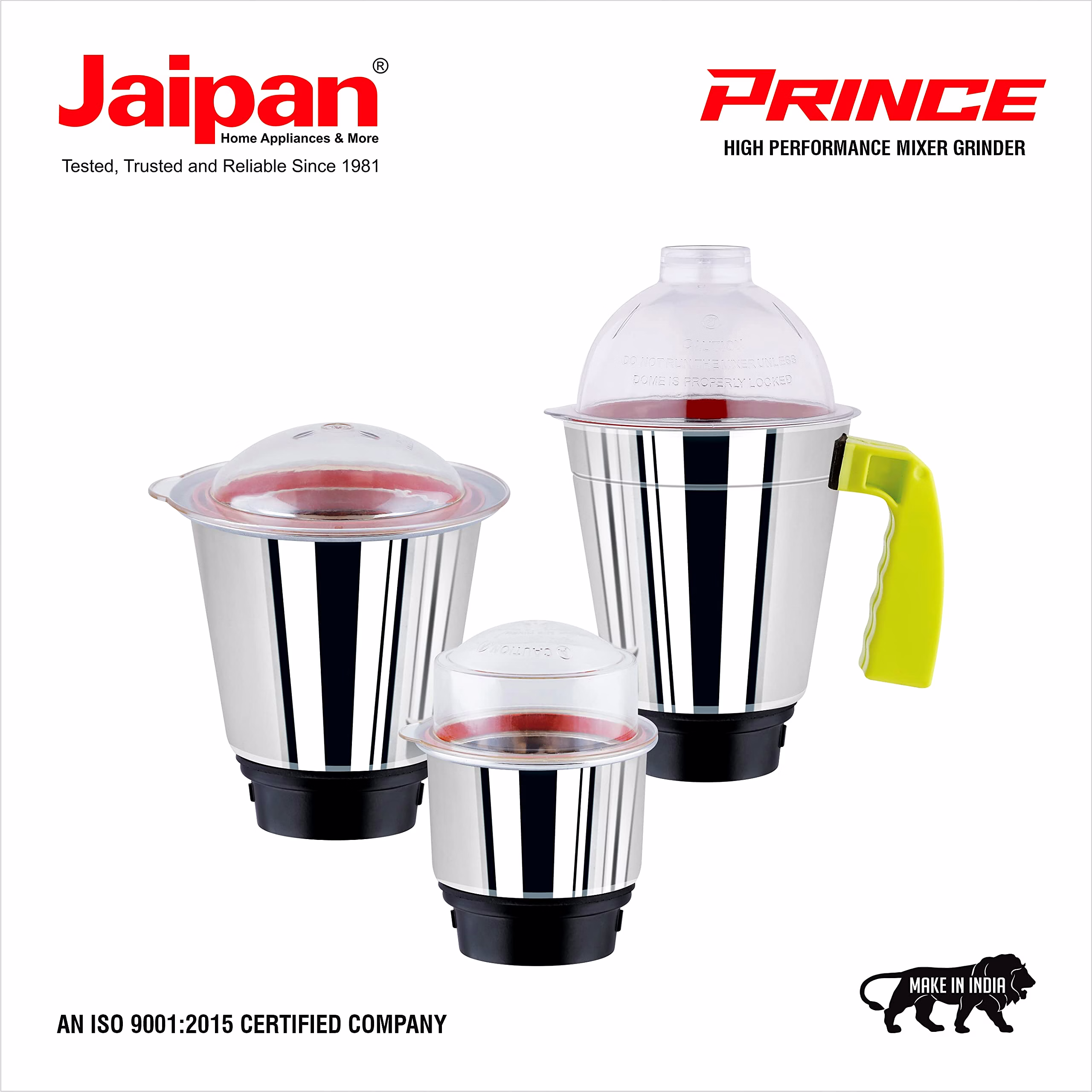Jaipan Prince 850 Watts Mixer Grinder with 3 SS Jars (1.20L liquidizing, 0.70L multi-purpose, 0.40L chutney) For Heavy Duty Grinding | Virgin ABS Body | 2 Years Warranty (Bright Green and Black) image 3