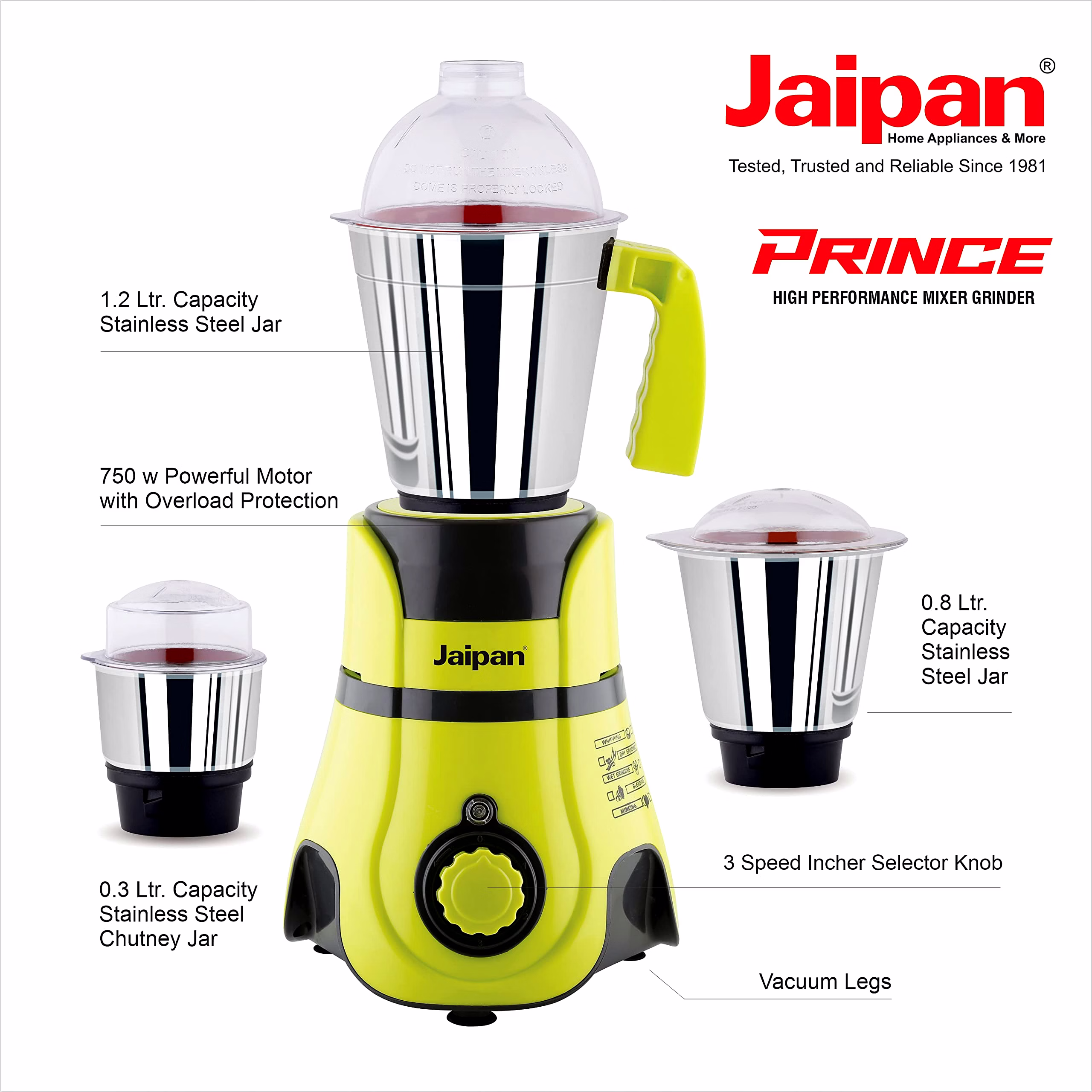 Jaipan Prince 850 Watts Mixer Grinder with 3 SS Jars (1.20L liquidizing, 0.70L multi-purpose, 0.40L chutney) For Heavy Duty Grinding | Virgin ABS Body | 2 Years Warranty (Bright Green and Black) image 4
