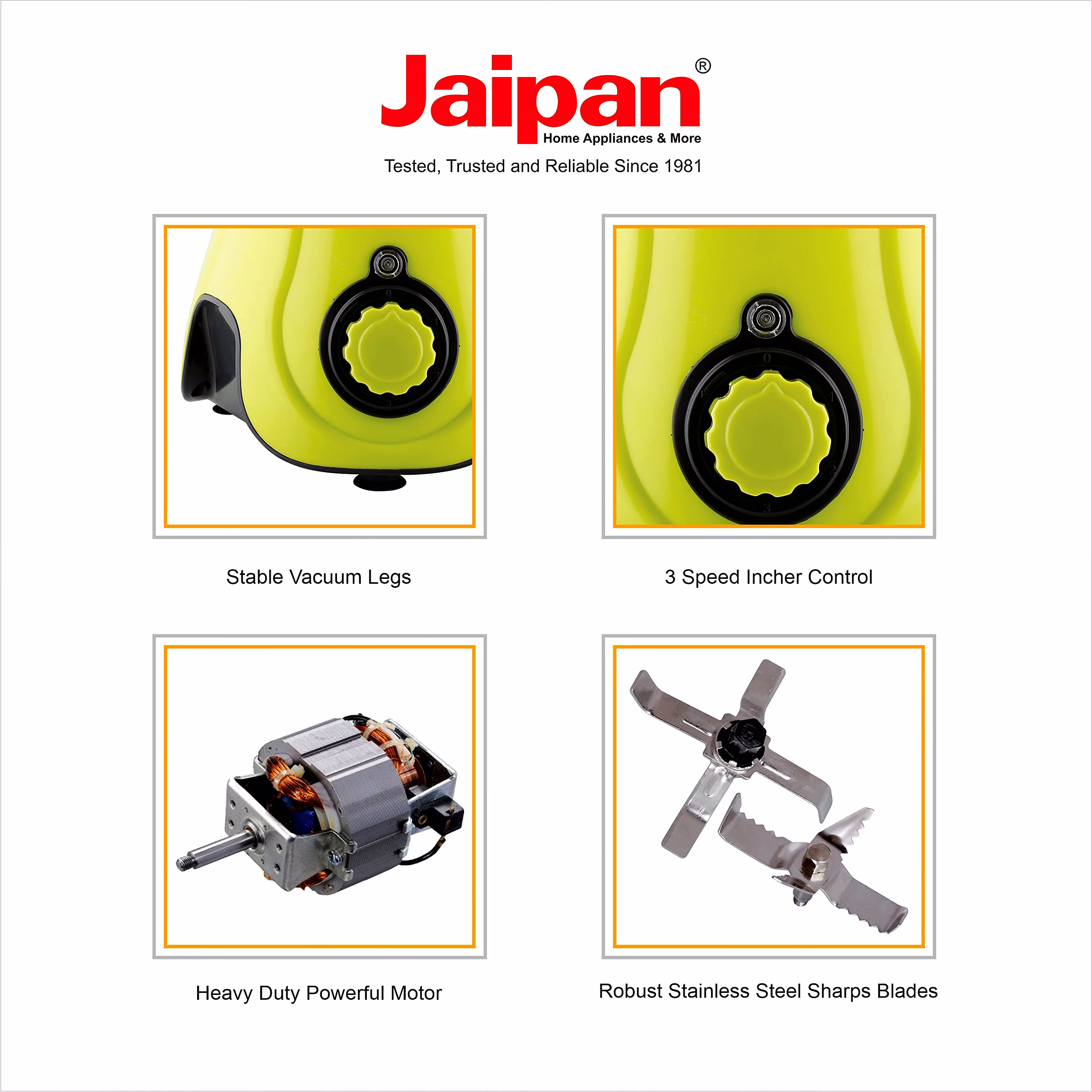 Jaipan Prince 850 Watts Mixer Grinder with 3 SS Jars (1.20L liquidizing, 0.70L multi-purpose, 0.40L chutney) For Heavy Duty Grinding | Virgin ABS Body | 2 Years Warranty (Bright Green and Black) image 5