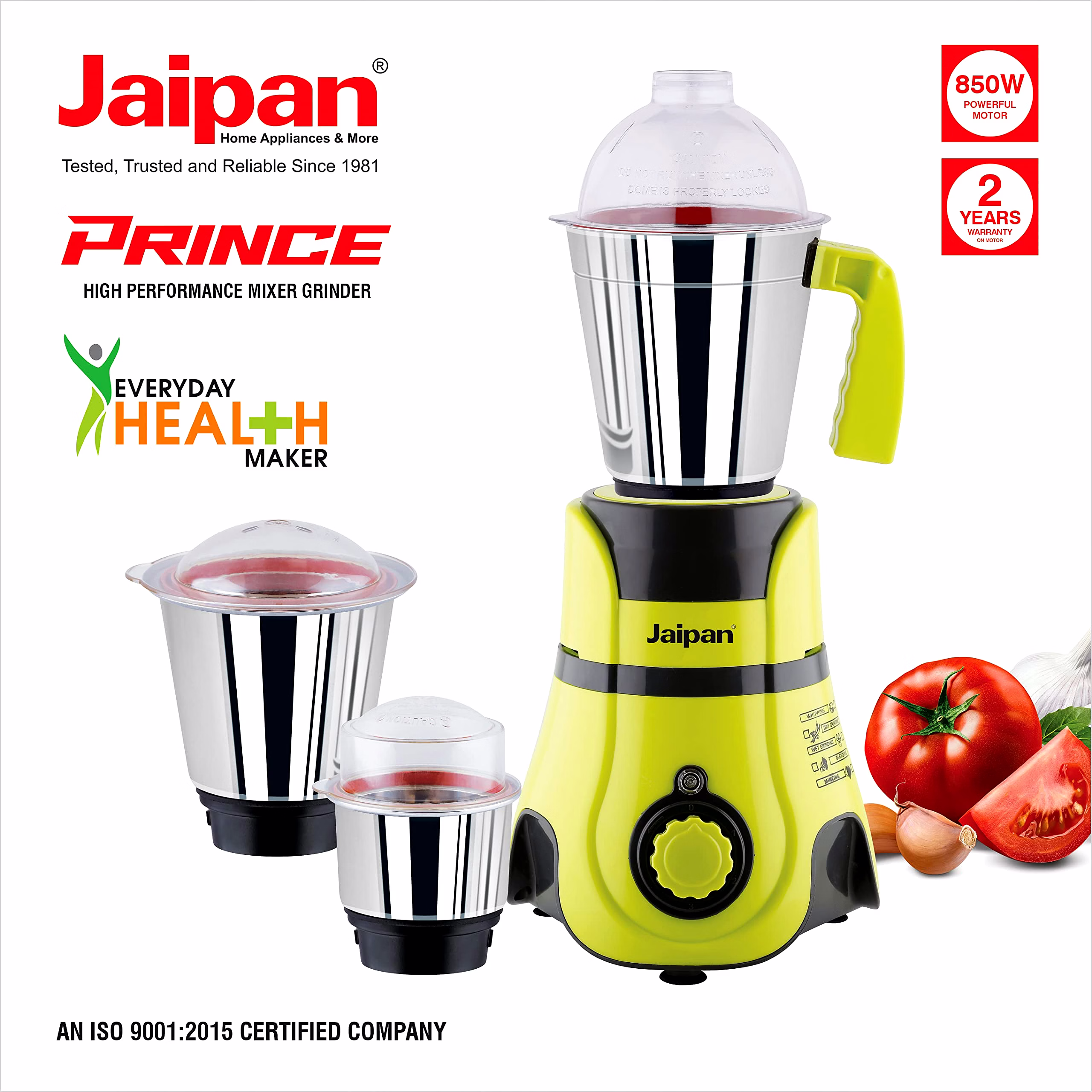 Jaipan Prince 850 Watts Mixer Grinder with 3 SS Jars (1.20L liquidizing, 0.70L multi-purpose, 0.40L chutney) For Heavy Duty Grinding | Virgin ABS Body | 2 Years Warranty (Bright Green and Black) image 6