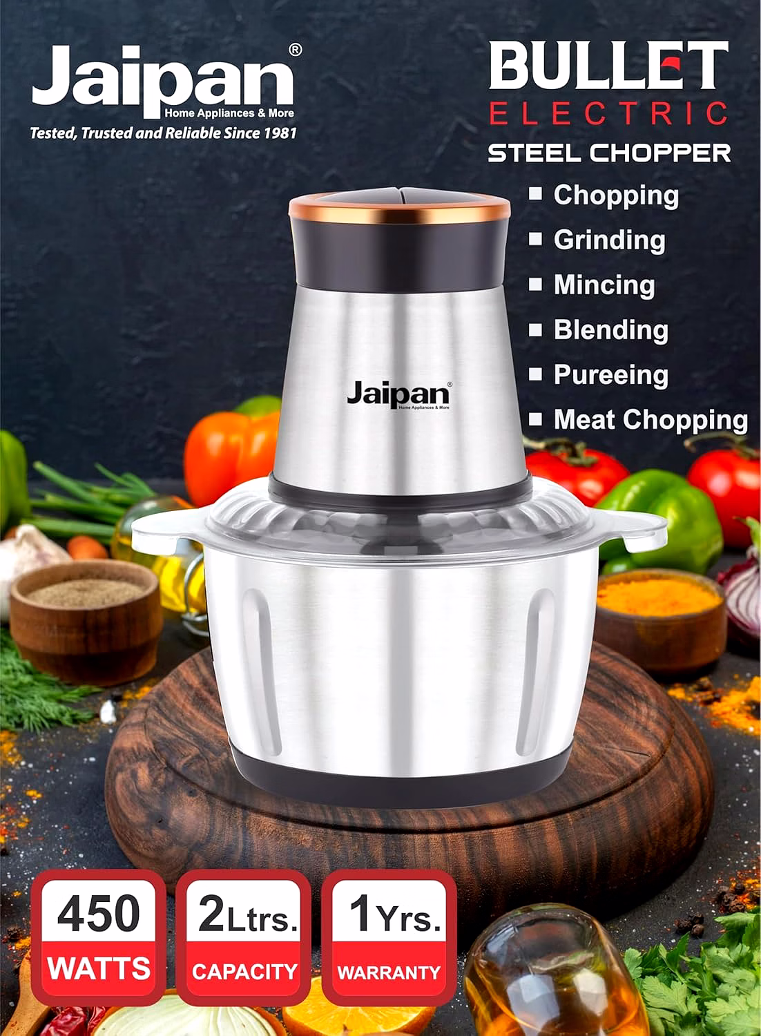 Jaipan Bullet Electric Chopper 450W with 2L Stainless Steel Bowl | Multipurpose Food Chopper for Chopping, Mincing, Grinding & Pureeing | Powerful Motor | Sharp SS Blades | Silver & Black image 4