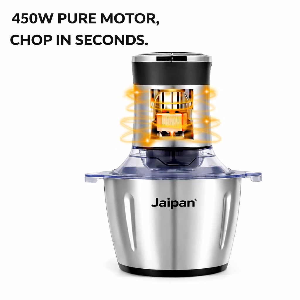 Jaipan Bullet Electric Chopper 450W with 2L Stainless Steel Bowl | Multipurpose Food Chopper for Chopping, Mincing, Grinding & Pureeing | Powerful Motor | Sharp SS Blades | Silver & Black image 2