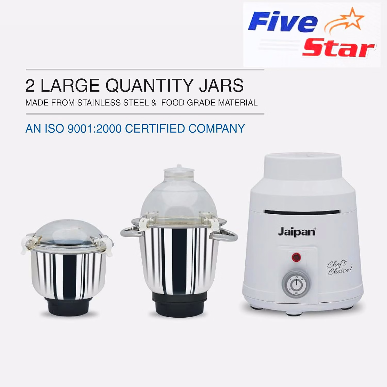 Jaipan Five Star 1400 Watt Heavy Duty Mixer Grinder | High-Speed Motor | 2 Stainless Steel Jars | 3 Speed Control with Incher | Wet & Dry Grinding | 2 Years Warranty | White image 4