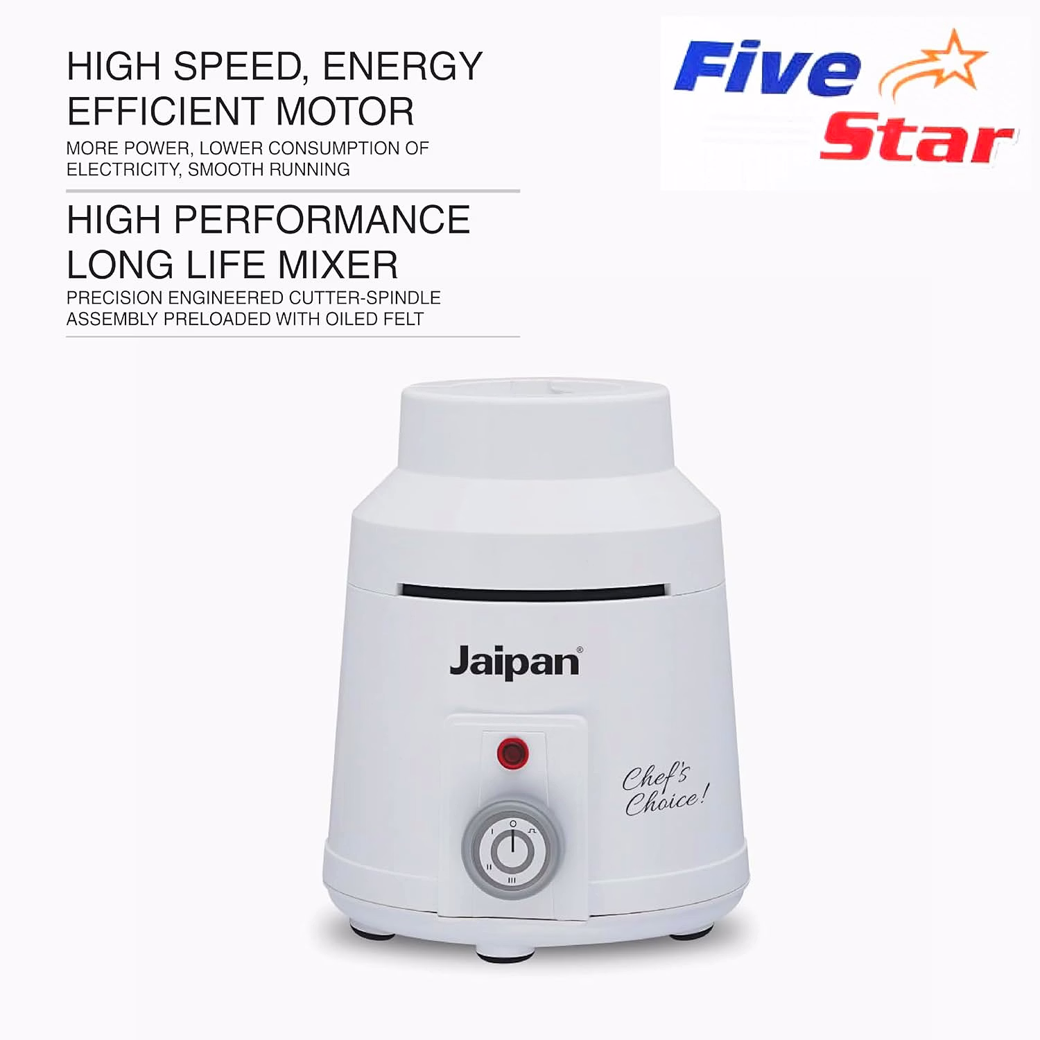 Jaipan Five Star 1400 Watt Heavy Duty Mixer Grinder | High-Speed Motor | 2 Stainless Steel Jars | 3 Speed Control with Incher | Wet & Dry Grinding | 2 Years Warranty | White image 3