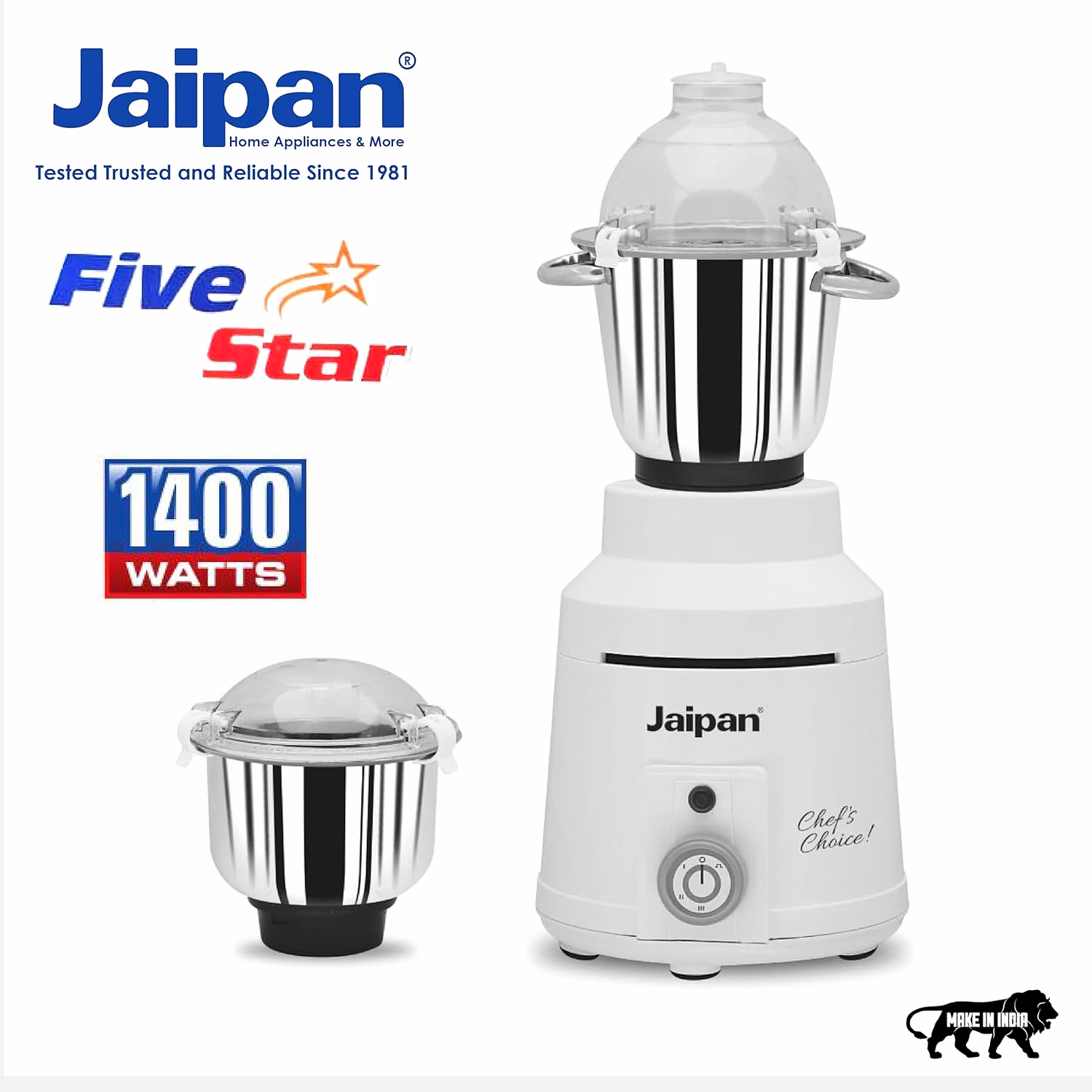 Jaipan Five Star 1400 Watt Heavy Duty Mixer Grinder | High-Speed Motor | 2 Stainless Steel Jars | 3 Speed Control with Incher | Wet & Dry Grinding | 2 Years Warranty | White image 2