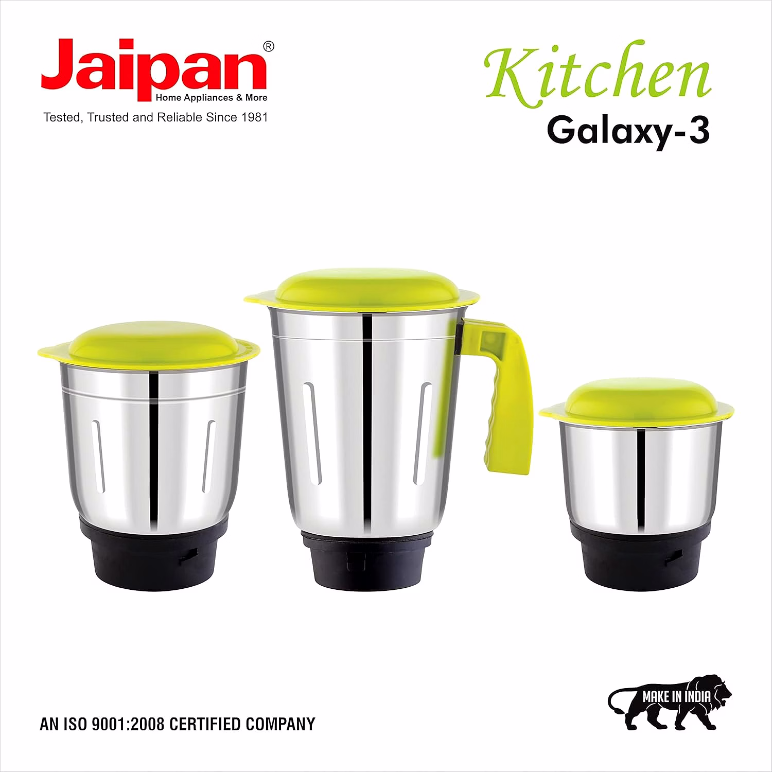 Jaipan Kitchen Galaxy-3 Mixer Grinder 550W | 3 Stainless Steel Jars | Powerful Motor with Overload Protection | 3 Speed Control with Incher | Multipurpose Grinding & Blending | 1 Year Warranty | Green & Black image 6