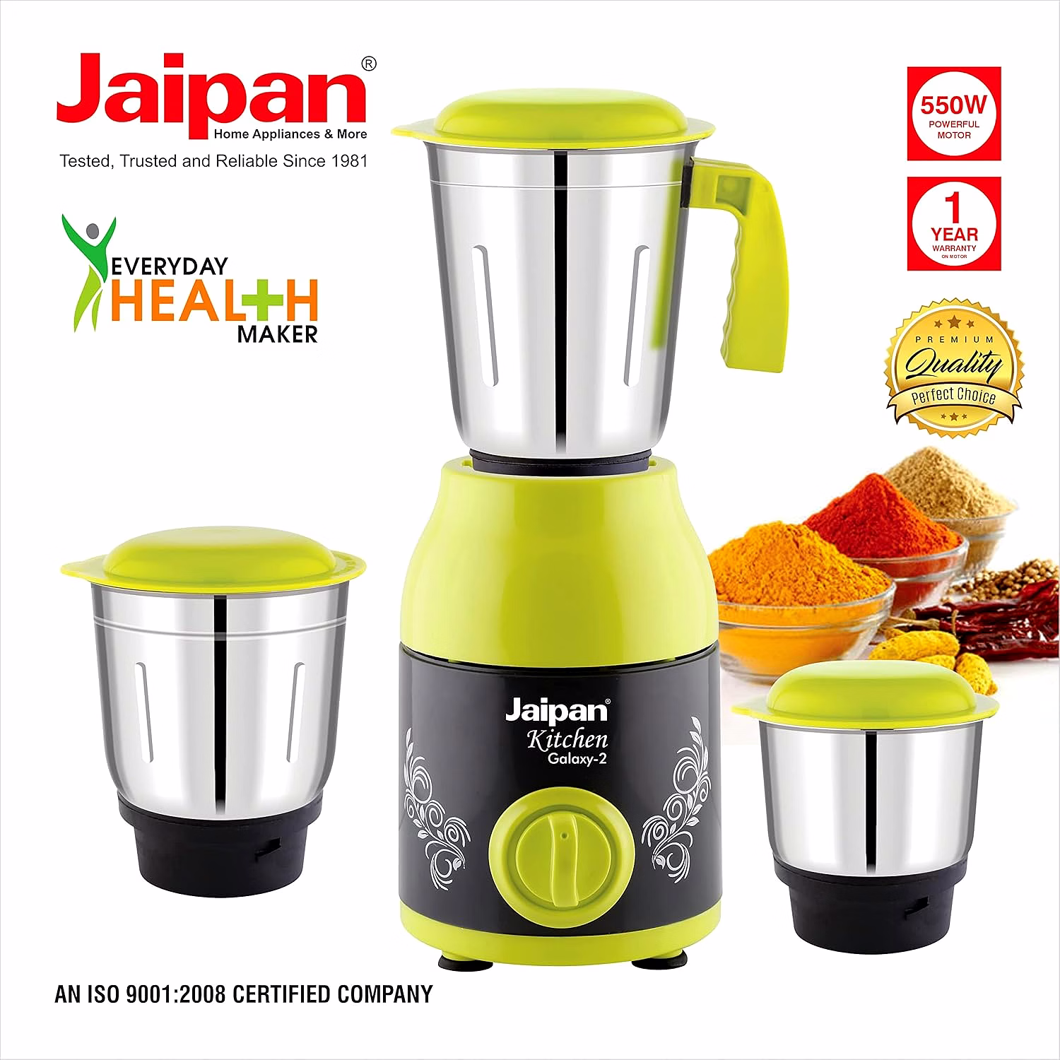 Jaipan Kitchen Galaxy-3 Mixer Grinder 550W | 3 Stainless Steel Jars | Powerful Motor with Overload Protection | 3 Speed Control with Incher | Multipurpose Grinding & Blending | 1 Year Warranty | Green & Black image 5