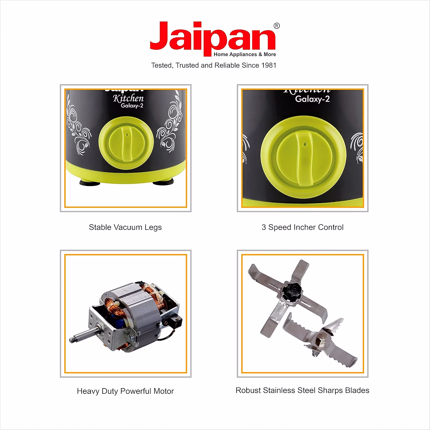 Jaipan Kitchen Galaxy-3 Mixer Grinder 550W | 3 Stainless Steel Jars | Powerful Motor with Overload Protection | 3 Speed Control with Incher | Multipurpose Grinding & Blending | 1 Year Warranty | Green & Black image 4