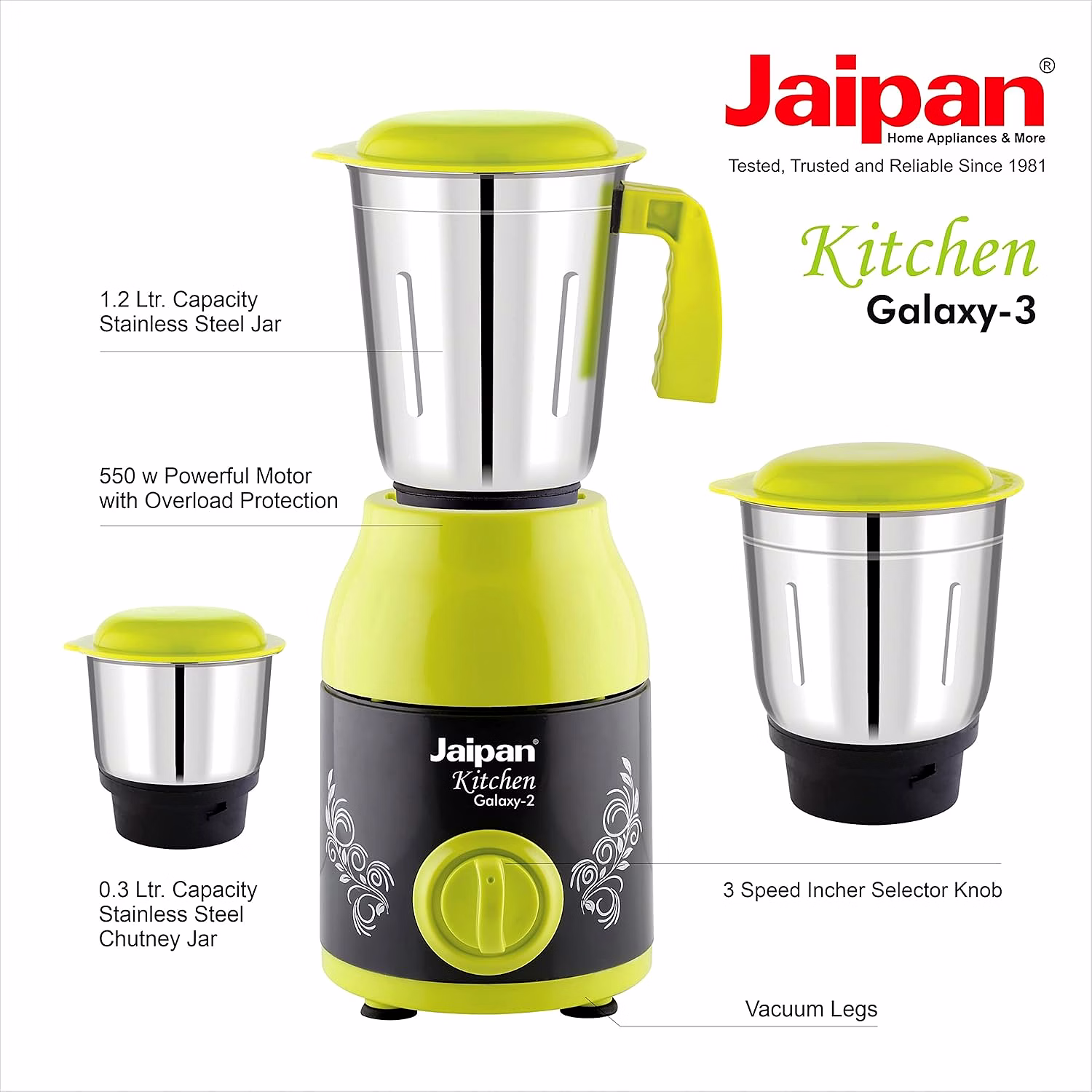 Jaipan Kitchen Galaxy-3 Mixer Grinder 550W | 3 Stainless Steel Jars | Powerful Motor with Overload Protection | 3 Speed Control with Incher | Multipurpose Grinding & Blending | 1 Year Warranty | Green & Black image 3